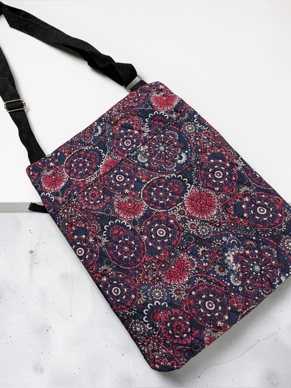 Floral Medallion Quilted Shoulder Bag - Navy & Pink